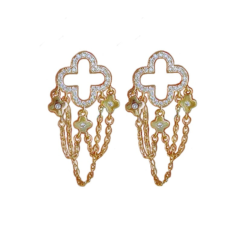 Women's Floral Chain Tassel Drop Earrings With Cubic Zirconia