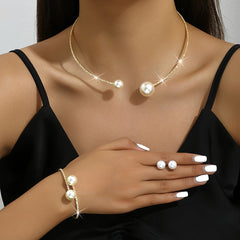 Minimalist Gold Plated Jewelry Set Earrings Collar Bangle Spherical Stone