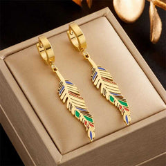 Women's Gold Plated Bohemian Drop Feather Hoop Earrings