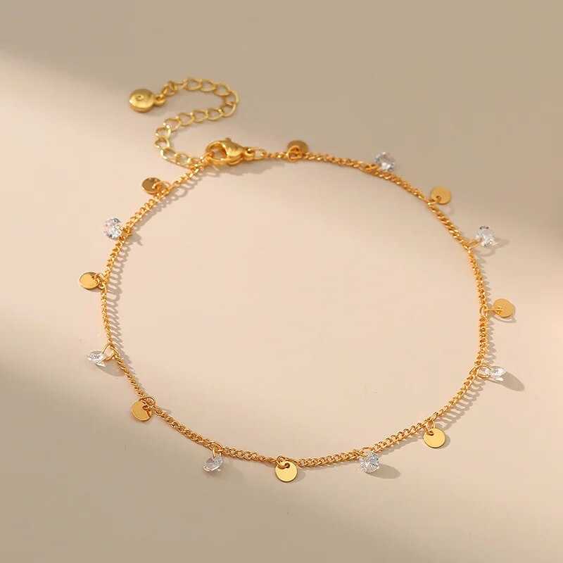 Women's Gold Plated Bead Drop Anklet With Cubic Zirconia