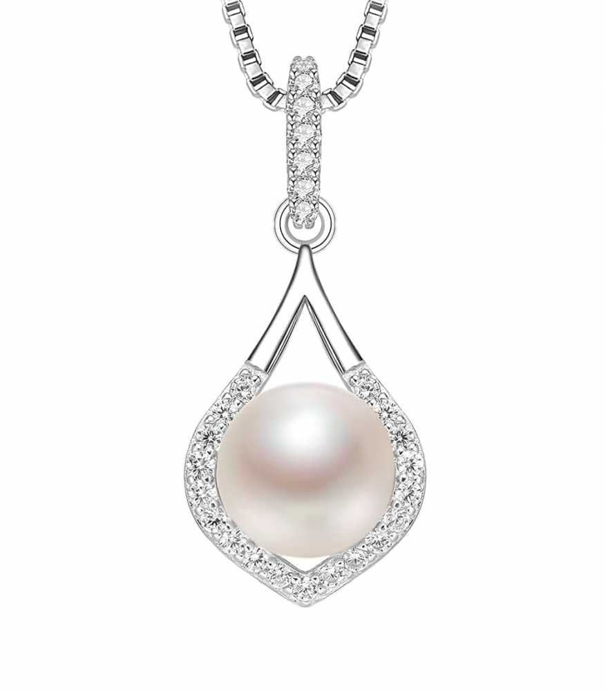 Women's Silver Plated Pendant Necklace With Pearl And Zirconia