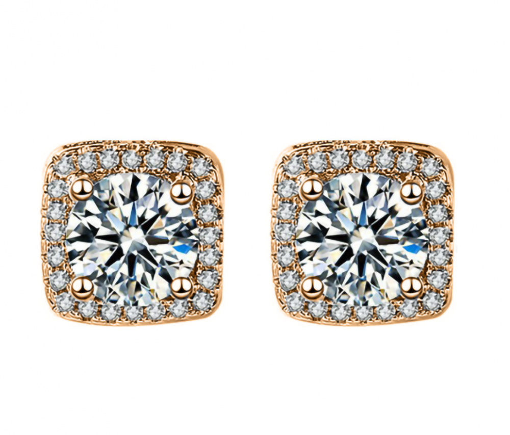 Women's Gold Plated Square Shaped Halo Stud Zirconia Earring