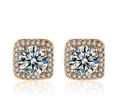 Women's Gold Plated Square Shaped Halo Stud Zirconia Earring
