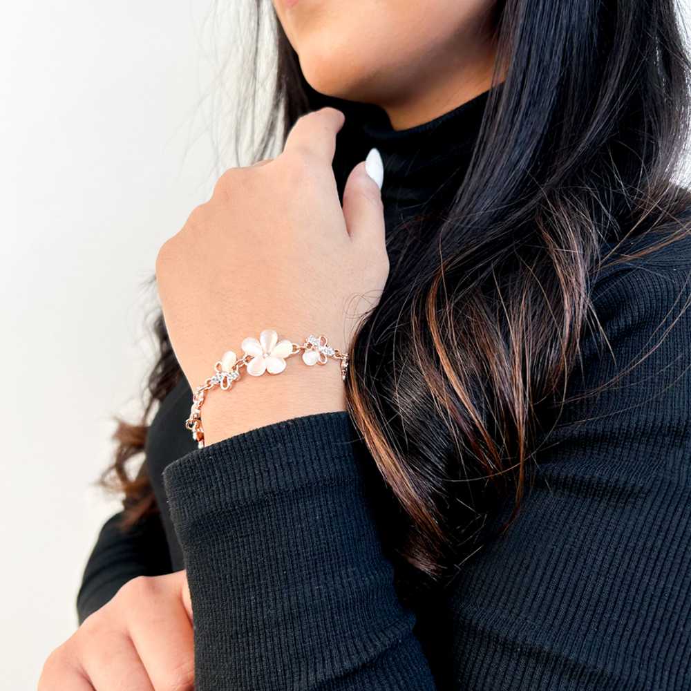 Women's Rose Gold Floral Charm Bracelet With Lobster Claw Closure