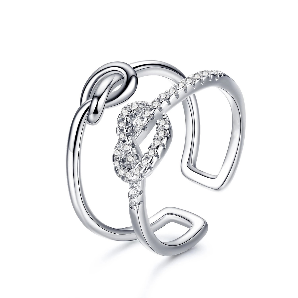 Women's Silver Plated Knotted Heart Open Ring With Zirconia