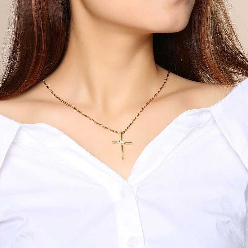 women's Gold Plated Christ Cross Cubic Zirconia Pendant Necklace