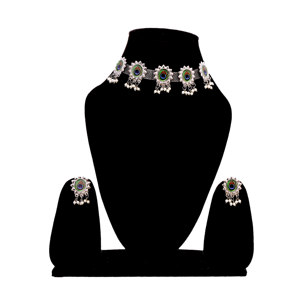 Women's Silver Plated Oxidised Peacock Feather Pearl Drop Choker Jewellery Set