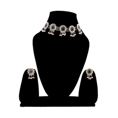 Women's Silver Plated Oxidised Peacock Feather Pearl Drop Choker Jewellery Set