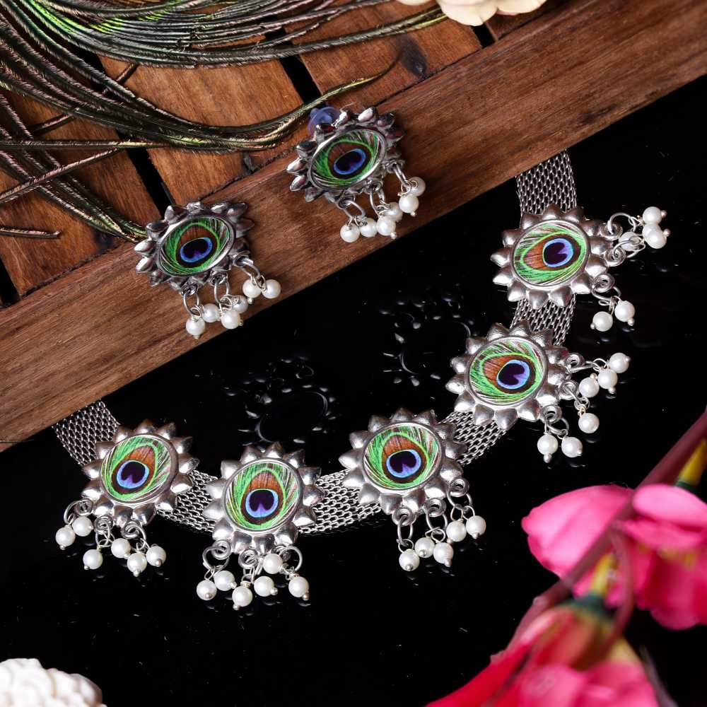 Women's Silver Plated Oxidised Peacock Feather Pearl Drop Choker Jewellery Set