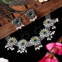 Women's Silver Plated Oxidised Peacock Feather Pearl Drop Choker Jewellery Set