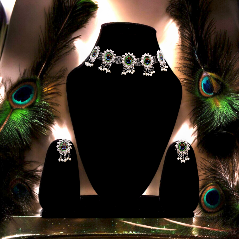 Women's Silver Plated Oxidised Peacock Feather Pearl Drop Choker Jewellery Set