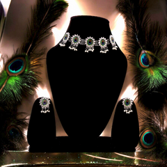 Women's Silver Plated Oxidised Peacock Feather Pearl Drop Choker Jewellery Set