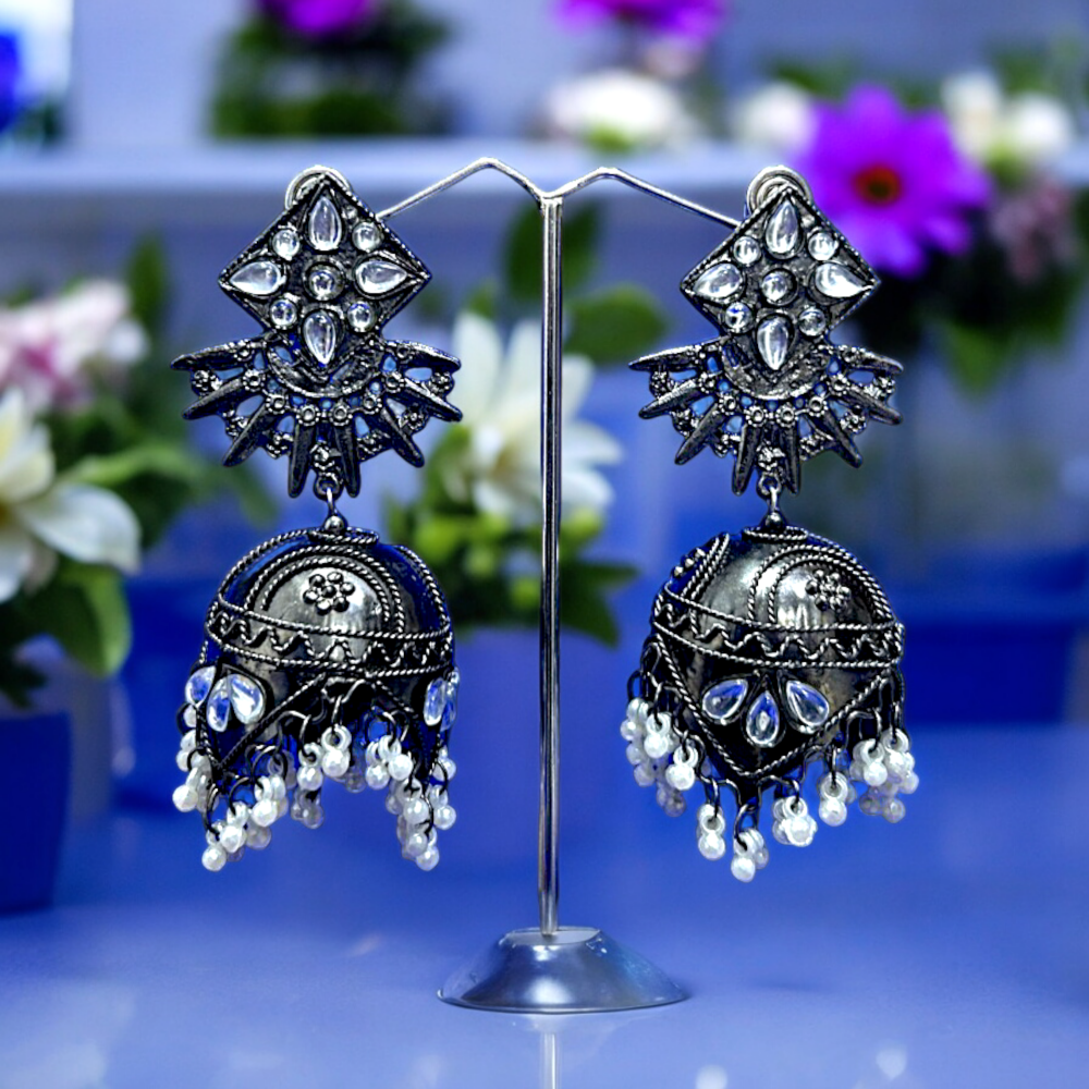 Women's Oxidized Mirror Work Jhumka Earrings With Tassel Pearl Drops