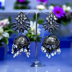 Women's Oxidized Mirror Work Jhumka Earrings With Tassel Pearl Drops