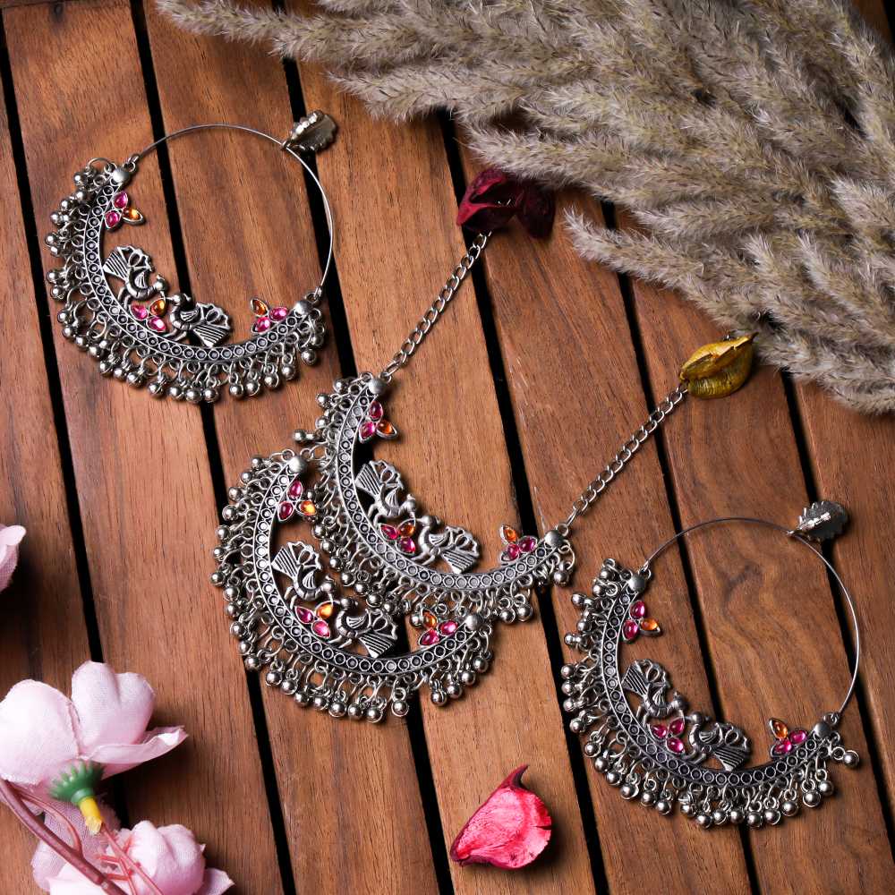 Women's Oxidized Silver Beaded Chandbali Jewelry Set With Cubic Zirconia