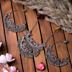Women's Oxidized Silver Beaded Chandbali Jewelry Set With Cubic Zirconia