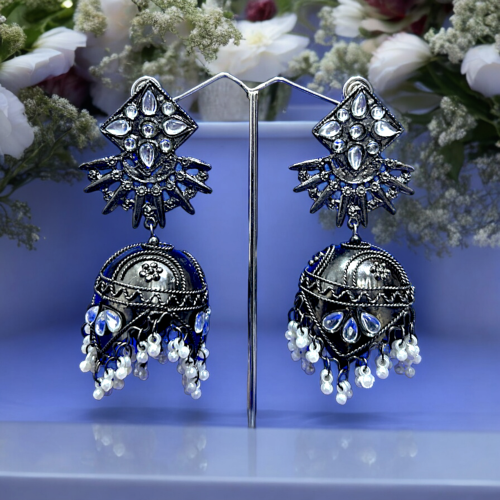 Women's Oxidized Mirror Work Jhumka Earrings With Tassel Pearl Drops
