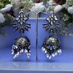 Women's Oxidized Mirror Work Jhumka Earrings With Tassel Pearl Drops