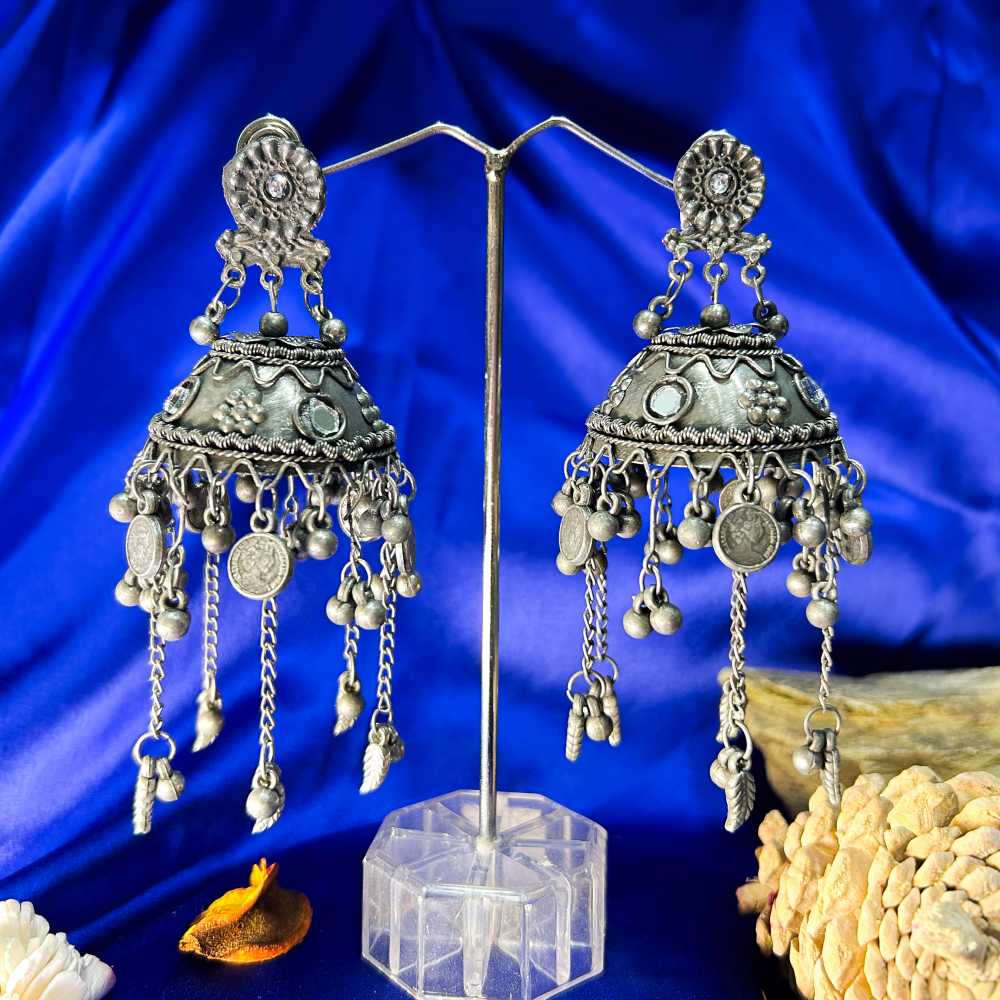 Women's Traditional Silver Oxidized Jhumka Earrings With Tassel Drops