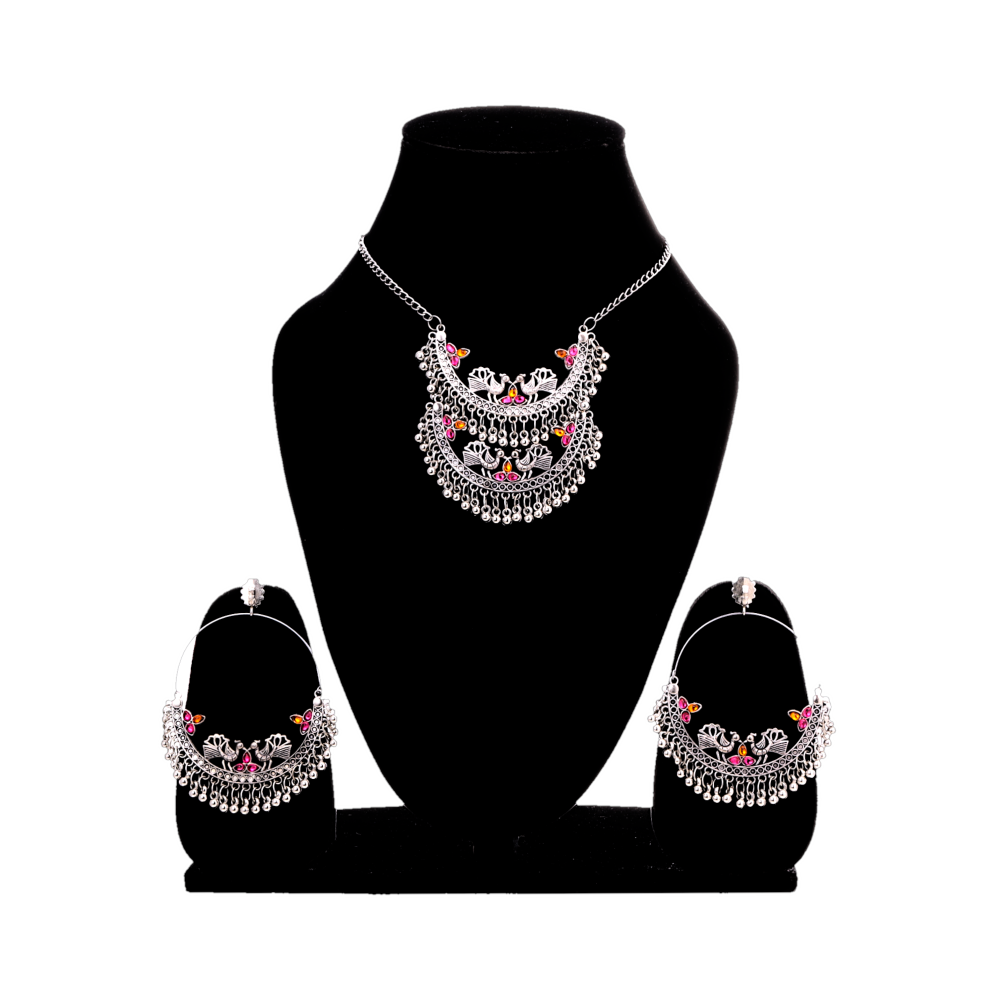 Women's Oxidized Silver Beaded Chandbali Jewelry Set With Cubic Zirconia