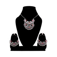 Women's Oxidized Silver Beaded Chandbali Jewelry Set With Cubic Zirconia