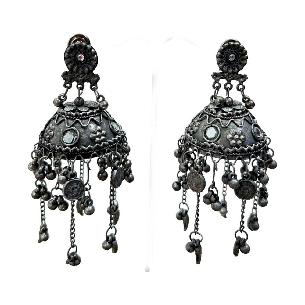 Women's Traditional Silver Oxidized Jhumka Earrings With Tassel Drops
