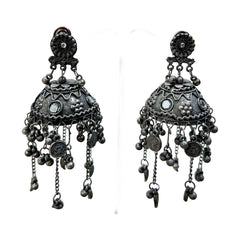 Women's Traditional Silver Oxidized Jhumka Earrings With Tassel Drops