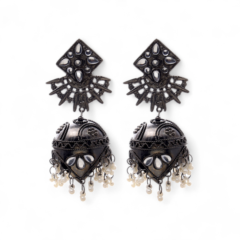 Women's Oxidized Mirror Work Jhumka Earrings With Tassel Pearl Drops