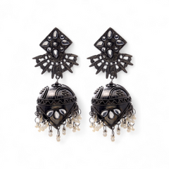 Women's Oxidized Mirror Work Jhumka Earrings With Tassel Pearl Drops
