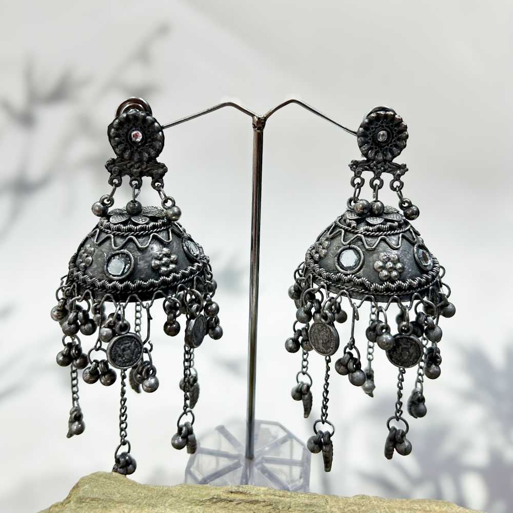 Women's Traditional Silver Oxidized Jhumka Earrings With Tassel Drops