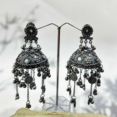 Women's Traditional Silver Oxidized Jhumka Earrings With Tassel Drops