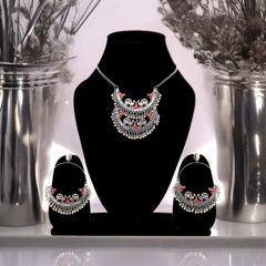 Women's Oxidized Silver Beaded Chandbali Jewelry Set With Cubic Zirconia