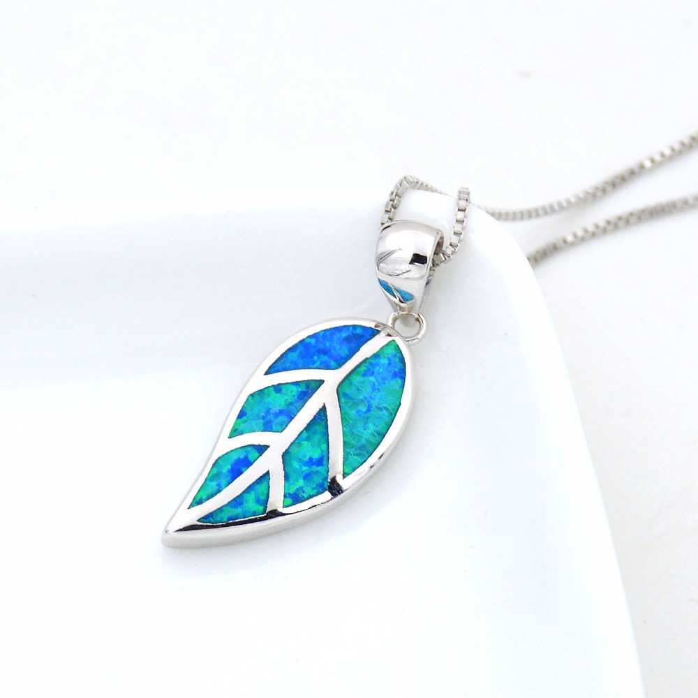Women's Silver Plated Blue Opal Stone Studded Leaf Pendant Necklace