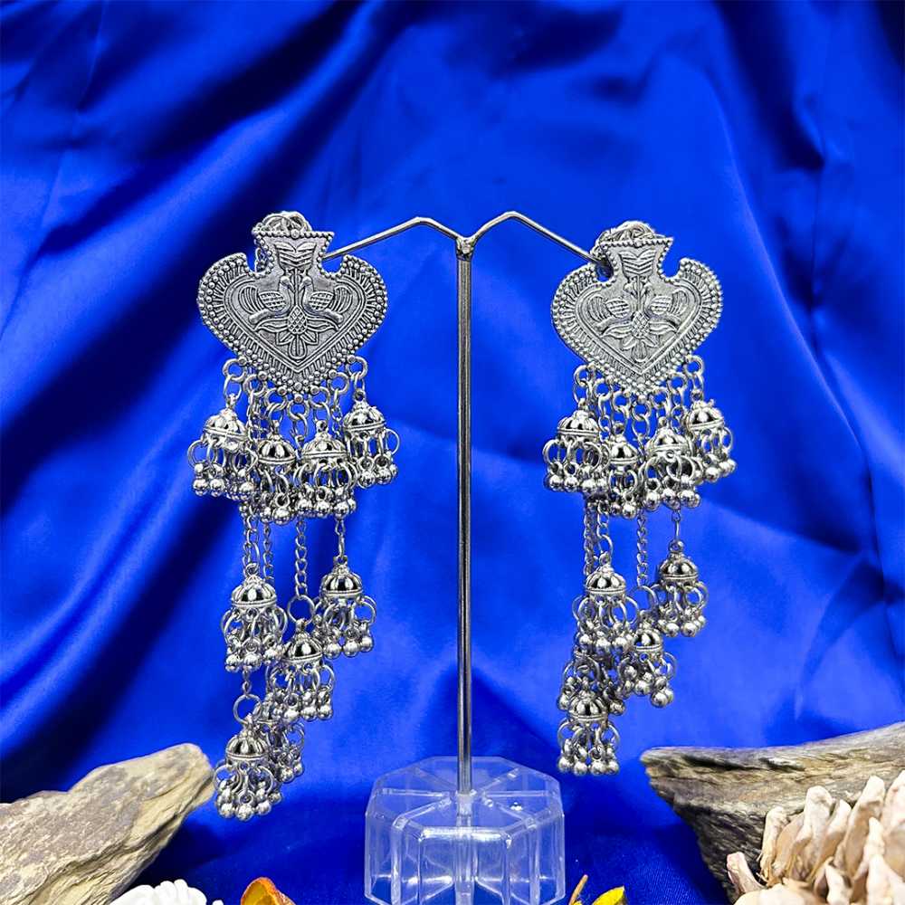Women's Silver Plated Oxidised Chain Jhumka Earring With Tasseled Beads