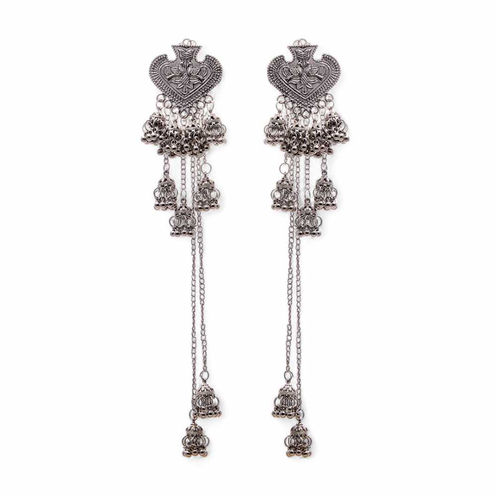 Women's Silver Plated Oxidised Chain Jhumka Earring With Tasseled Beads