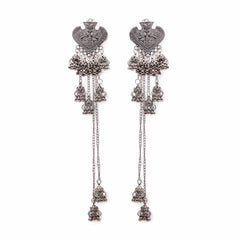 Women's Silver Plated Oxidised Chain Jhumka Earring With Tasseled Beads
