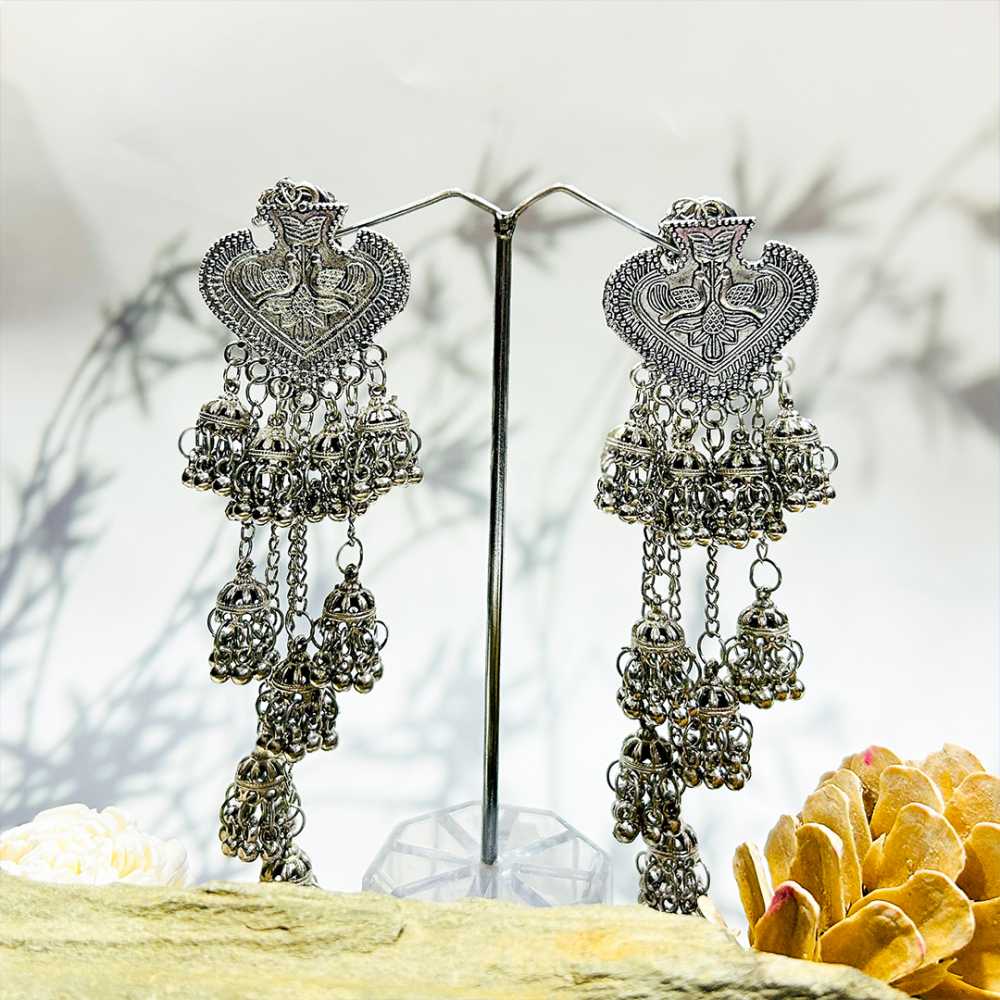 Women's Silver Plated Oxidised Chain Jhumka Earring With Tasseled Beads