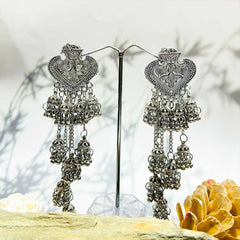 Women's Silver Plated Oxidised Chain Jhumka Earring With Tasseled Beads