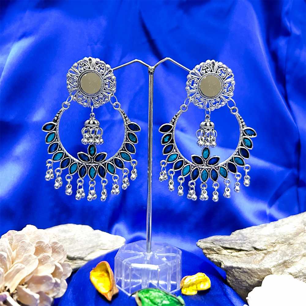 Women's Silver Plated Oxidised Mirror Embossed Blue Leaf Earring