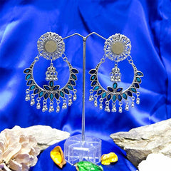 Women's Silver Plated Oxidised Mirror Embossed Blue Leaf Earring