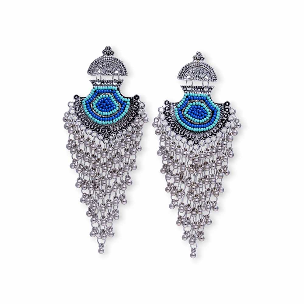 Women's Silver Plated Oxidised Bead Tasseled Dangling Earring