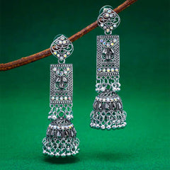 Women's Silver Plated Oxidised Pearl Tasseled Jhumka Earring