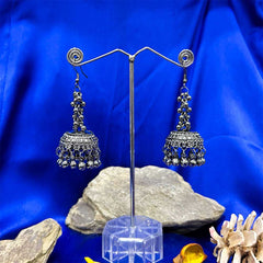 Women's Silver Plated Oxidised Beaded Jhumka Earring With Fish Hook