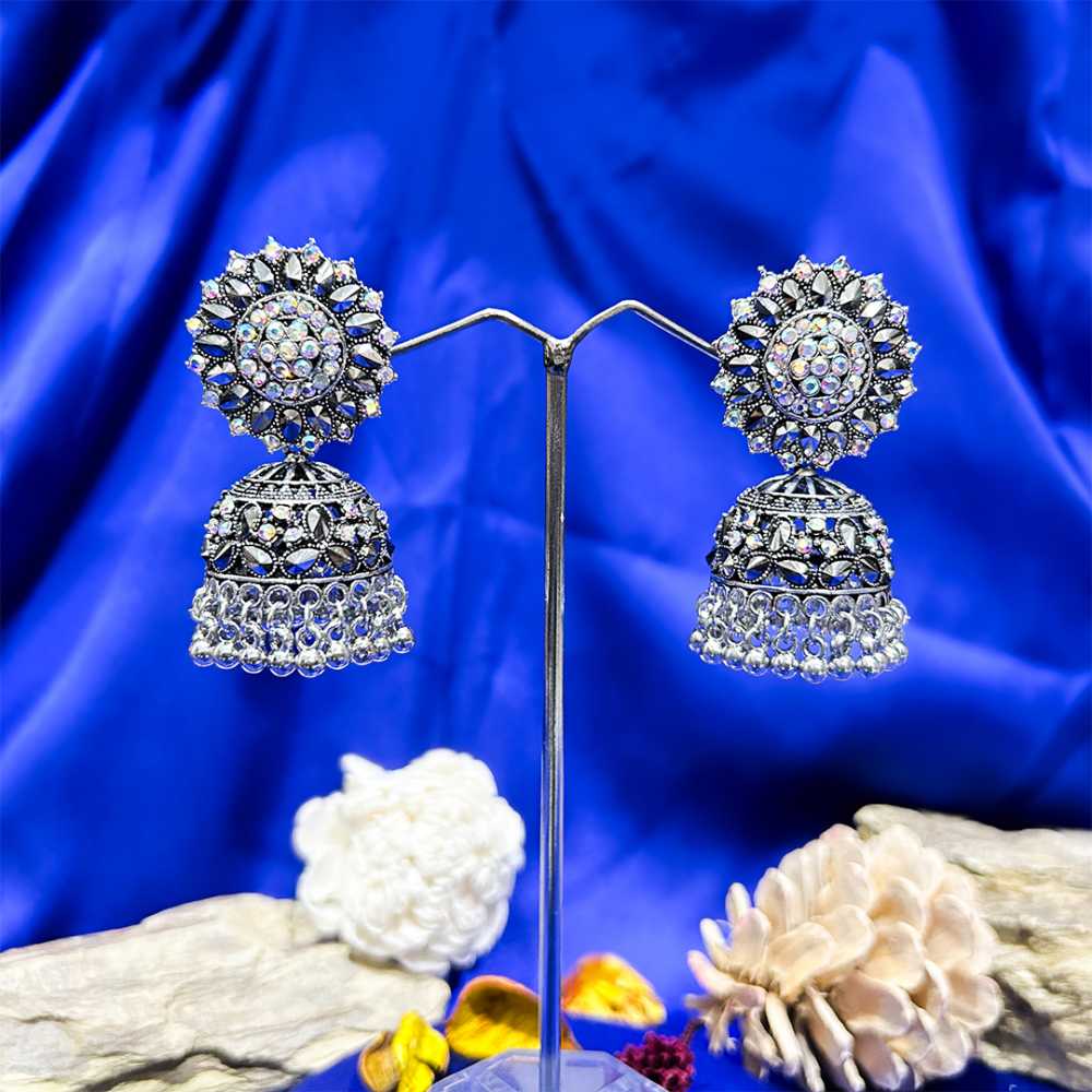 Women's Silver Plated Oxidised Zirconia Inlaid Jhumka Tassel Beads Earring