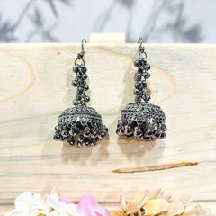 Women's Silver Plated Oxidised Beaded Jhumka Earring With Fish Hook