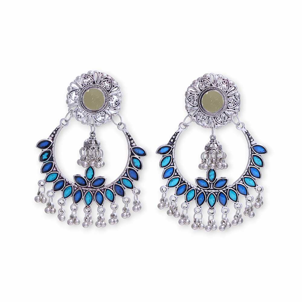 Women's Silver Plated Oxidised Mirror Embossed Blue Leaf Earring