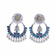 Women's Silver Plated Oxidised Mirror Embossed Blue Leaf Earring
