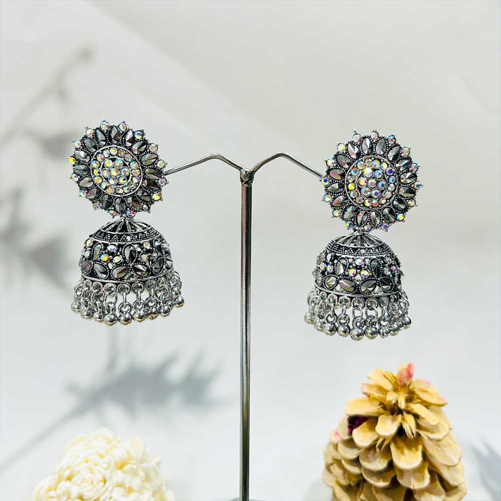 Women's Silver Plated Oxidised Zirconia Inlaid Jhumka Tassel Beads Earring