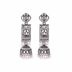 Women's Silver Plated Oxidised Pearl Tasseled Jhumka Earring