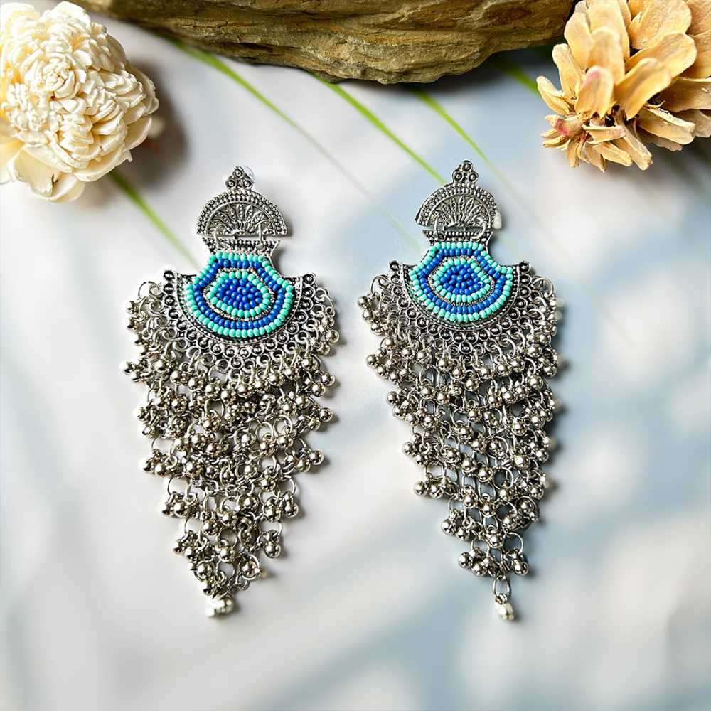 Women's Silver Plated Oxidised Bead Tasseled Dangling Earring